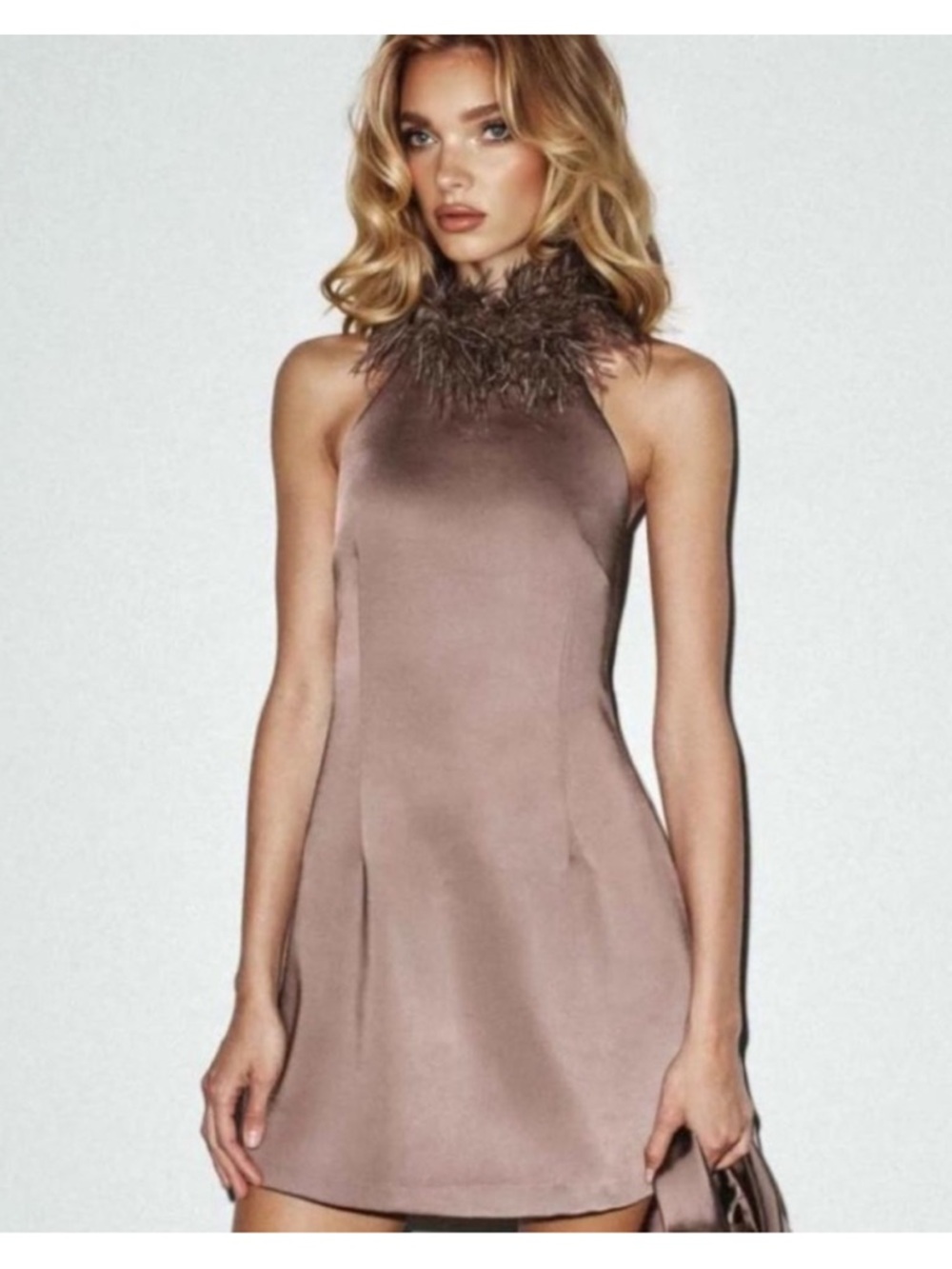 Zara Chocolate Brown Halter Mini Dress with Feather Collar | S